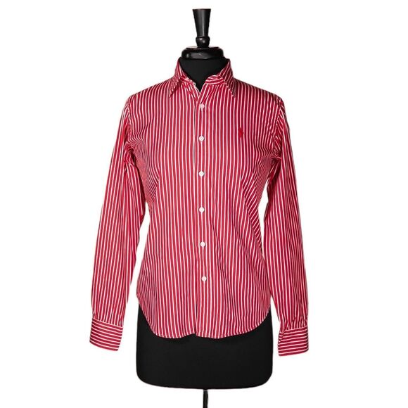 Ralph Lauren Sport Women's Shirt Button Up Red White Striped Pony Blouse Top 14 - Picture 1 of 9